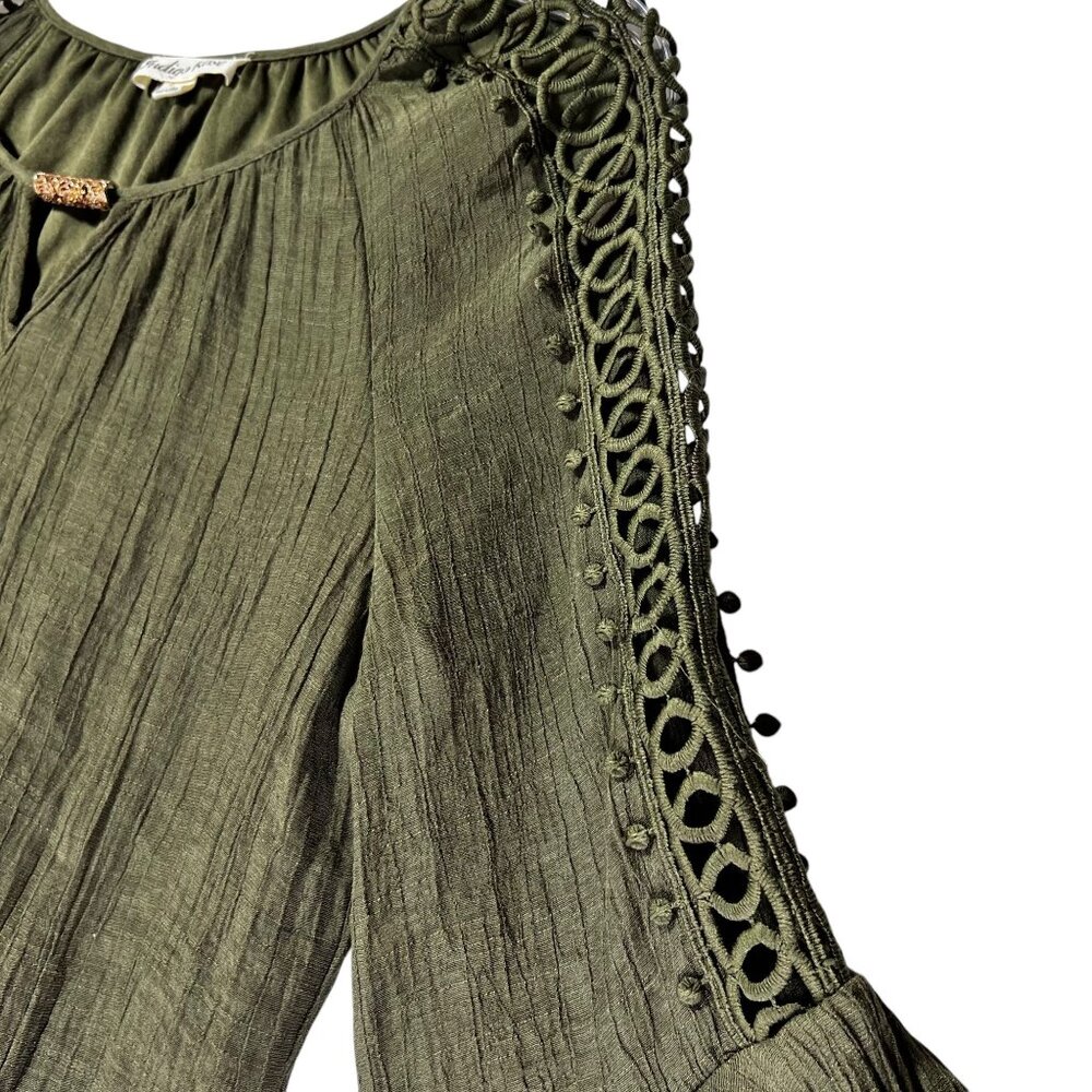 Indigo Rose Olive Green Bell Sleeve Boho Dress Lined Cutout Crochet Sleeves - Picture 6 of 14